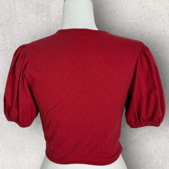 Aritzia Red Puff Sleeve Tie Front Crop‎ Top Womens Size Medium Sunday Best 77868 - Picture 6 of 15